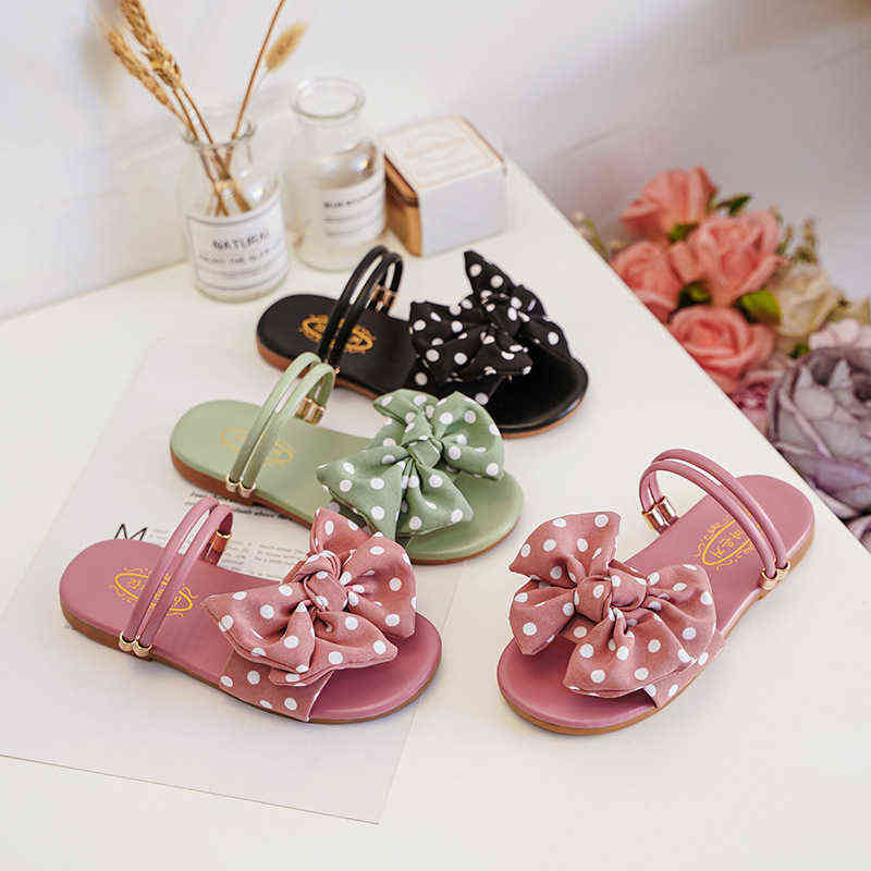 

Girl Children Leather Sandals 2021 Fashion Sandals Kids Summer Girls Shoes Bow&Dot Child Sandals Pink Green Black Slides E05314 G220418