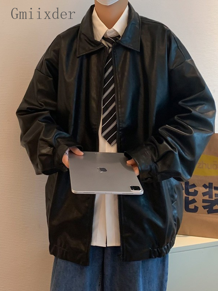 

Gmiixder Handsome PU Leather Jacket Men's Trend High Street Autumn and Winter Loose Allmatch Teen Solid Lapel Leather Coat Men 220816, Brown