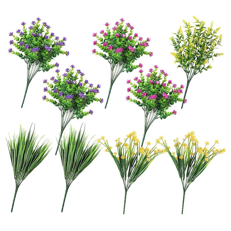 

Decorative Flowers & Wreaths 9 Pcs Artificial For Outdoor UV Resistant Plants, Plastic Eucalyptus Bushes Wheat Grass Courtyard, As shown