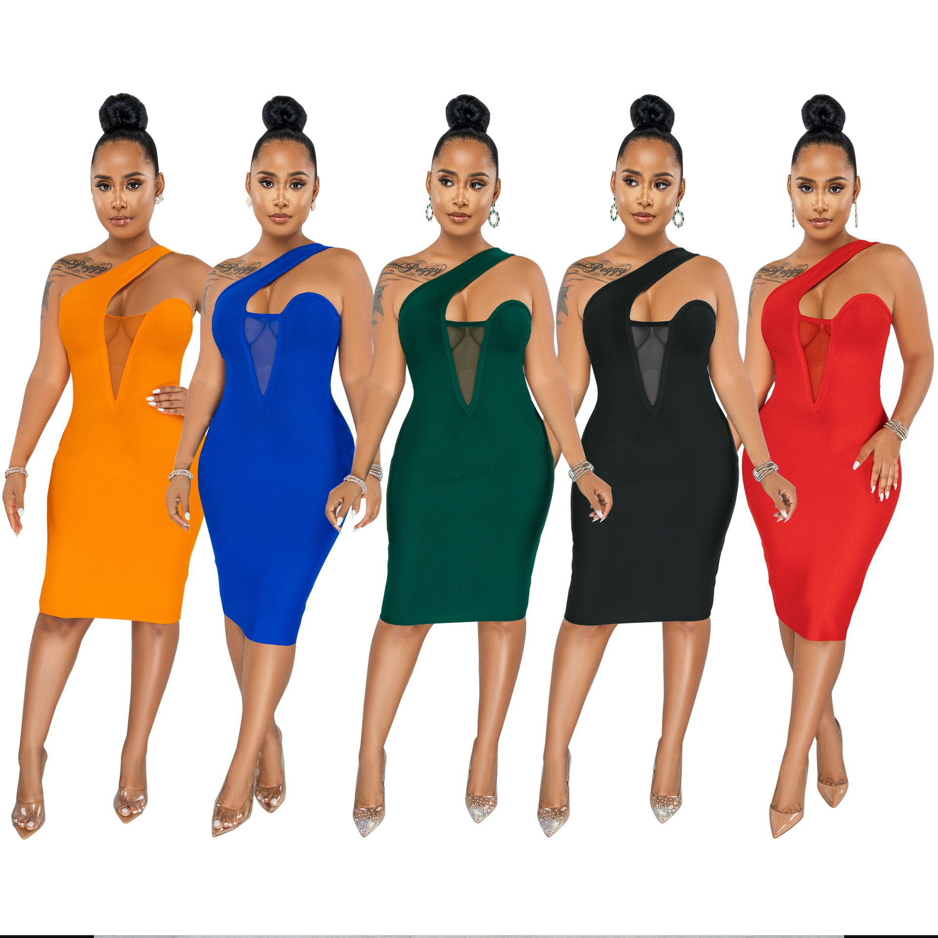 

Womens Fashion Mesh Panel Invisible Zipper Dress Bodycon Mini One Shoulder Short Club Party Dresses, Red