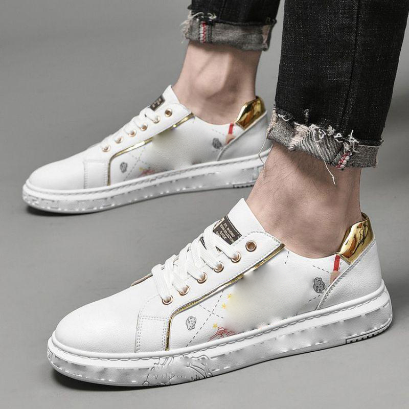 

Sneakers Men Shoes PU Leather Round Toe Flat Casual Fashion Lace Up Beautiful Little Bees Comfortable and Good Sneakers HM236, White