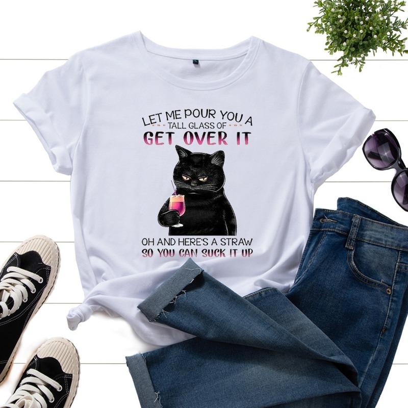 

Women's T-Shirt Women Summer Casual Short Sleeve Cat Letter Print Female Graphic Fashion Tshirt Ladies Daily Loose O-Neck Tee Top, Black