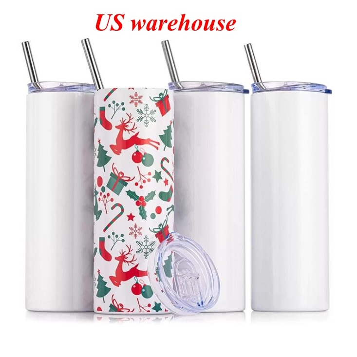 

US Stock 20oz Tumblers with Lid Plastic Straw Sublimation Tumblers Blanks Stainless Steel Tapered Straight Cups Water Bottles Coffee Mug 50pcs/carton B0510, White