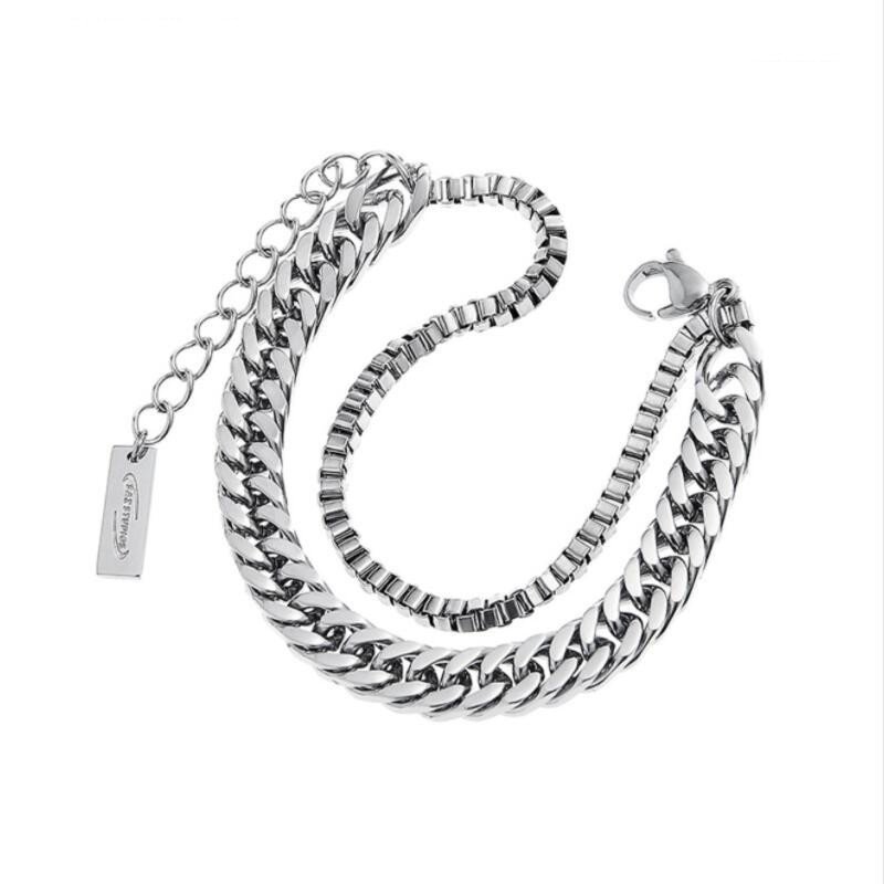 

Unisex Double Layer Cuban Chain Bracelet Hip Hop Tide Titanium Steel Light Luxury Small Simple Men Stacked Fashion Jewelry Accessories