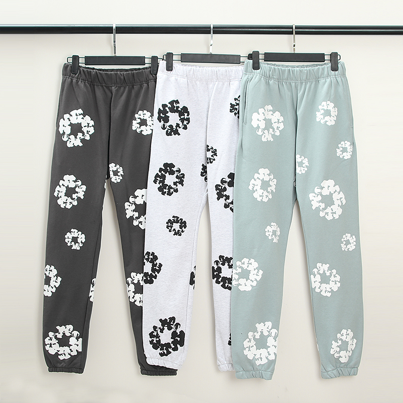 

Puff Print Flower Pants Men Women Drawstring Black Sweatpants Overalls
