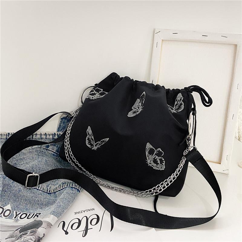 

Evening Bags Fashion Luminous Butterfly Retro Shoulder Bucket Bag For Women Drawstring Sexy Chain Nylon Casual Lady Handbags, Black