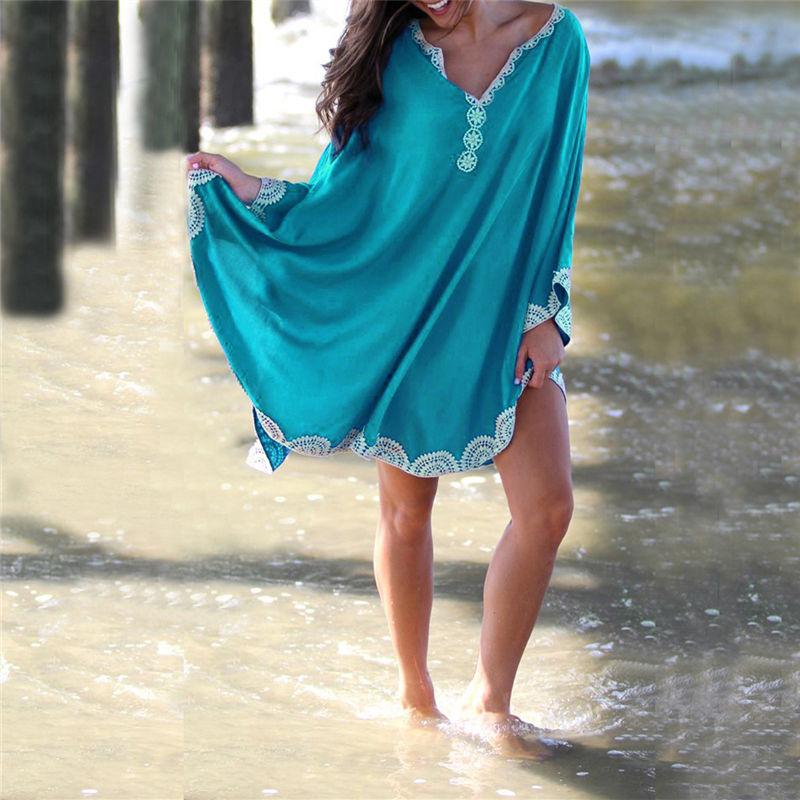 

Casual Dresses Black Bohemian Embroidered Wrist Sleeve Summer Tunic Beach Dress Women Beachwear Batwing Sexy Mini Pareos N668Casual
