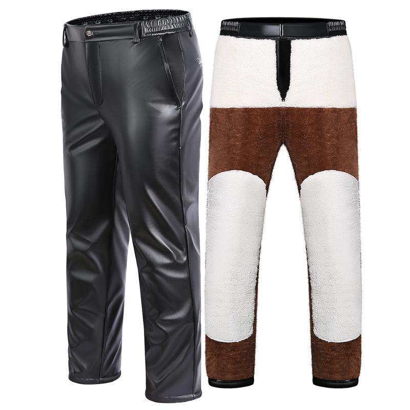 

Men's Pants TSINGYI Winter Black Faux Leather Men Straight High Elastic Waist Windproof Thicken Fleece Basic Trousers Male Clothing, Spring autumn thin