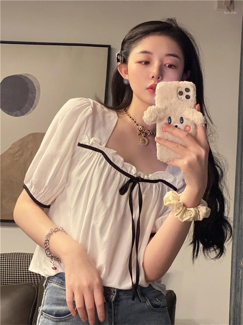 

Women's Blouses & Shirts Summer Square Collar Shirt Retro Short Sleeve Bubble Temperament Loose Blouse Female, Blue
