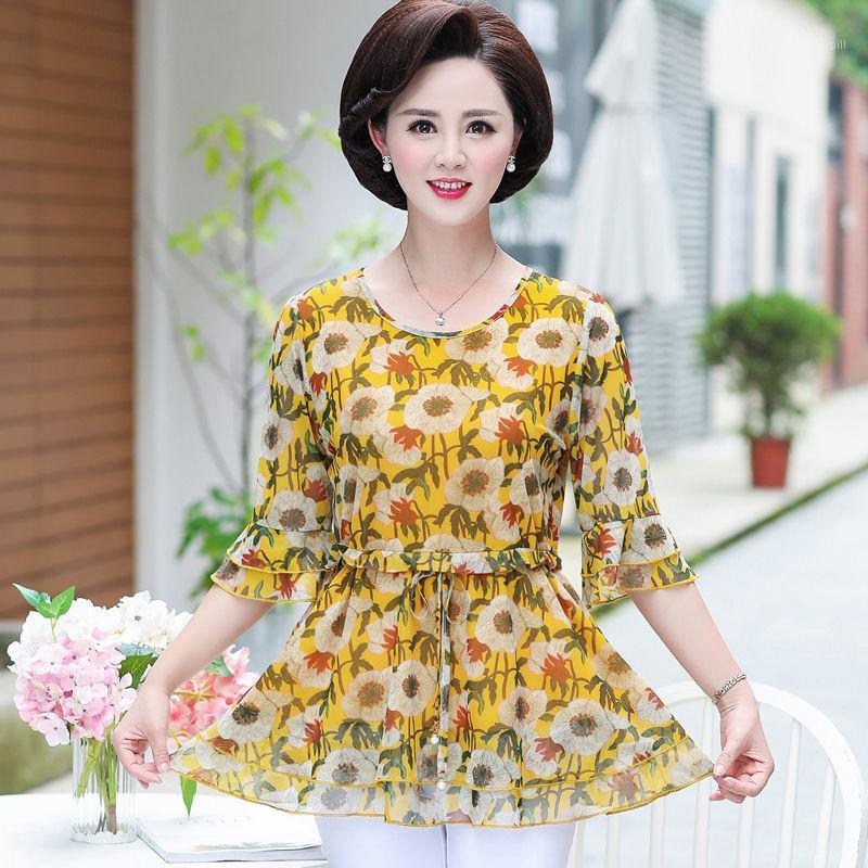 

Summer Middle Aged Women Half Sleeve Milk Silk Blouse Tops Female Casual Flower Print Plus Size 4xl Shirt Vestidos W21 Women's Blouses & Shi, Pink
