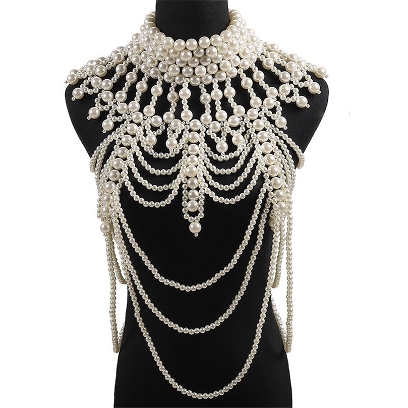 

Retro advanced Pearls Crystal Body Jewelry Chain Sexyhandmade beaded Women Bridal wedding dress large necklace jewelry Accessor 220402