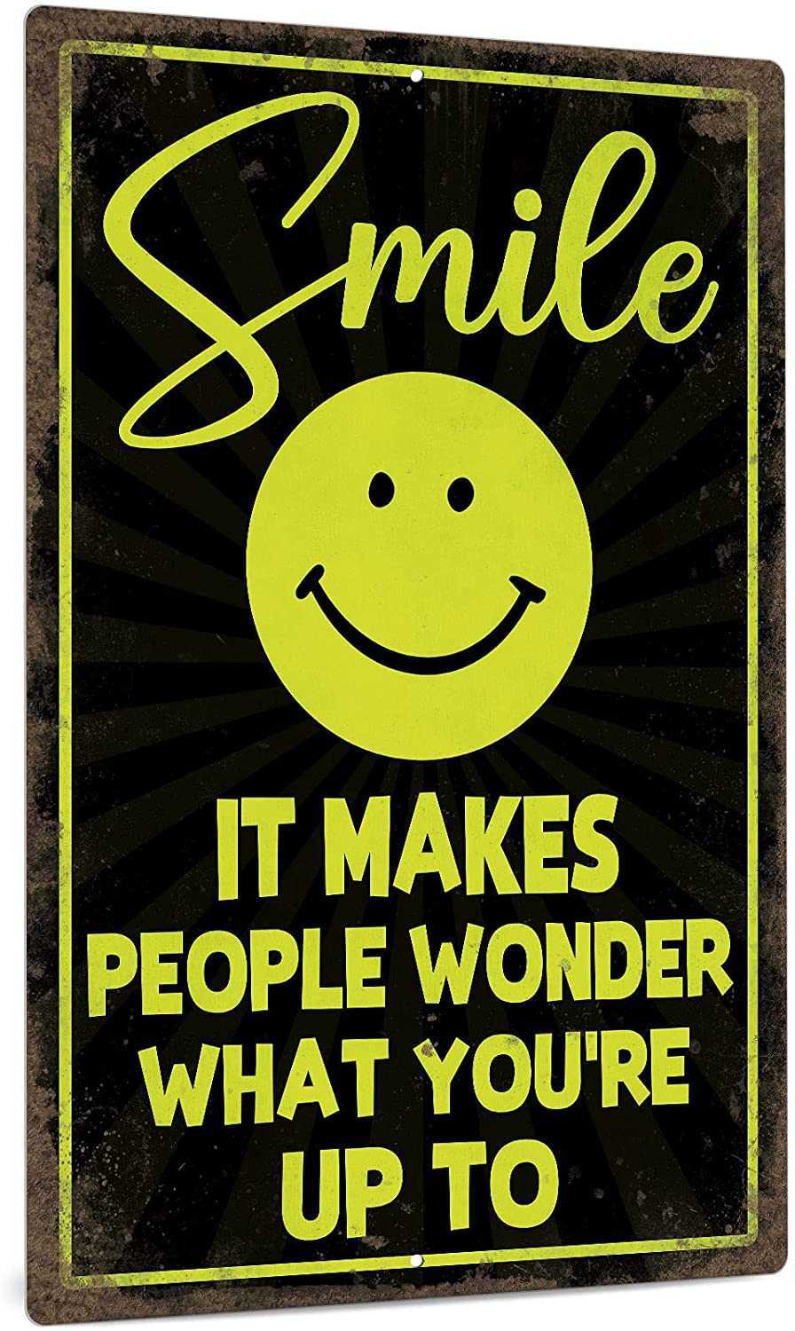 Funny Sarcastic Metal Sign, Man Cave Bar Decor, Smile It Makes People Wonder What You're up to, 12x8 Inches-image-763191909
