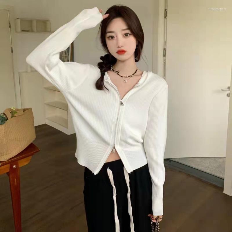 

Women's Knits & Tees Korean Double Zipper Hooded Sweater Autumn 2022 Long Sleeve Slim Cardigan Women Bottom Solid Color Crop TopWomen's Time, Green
