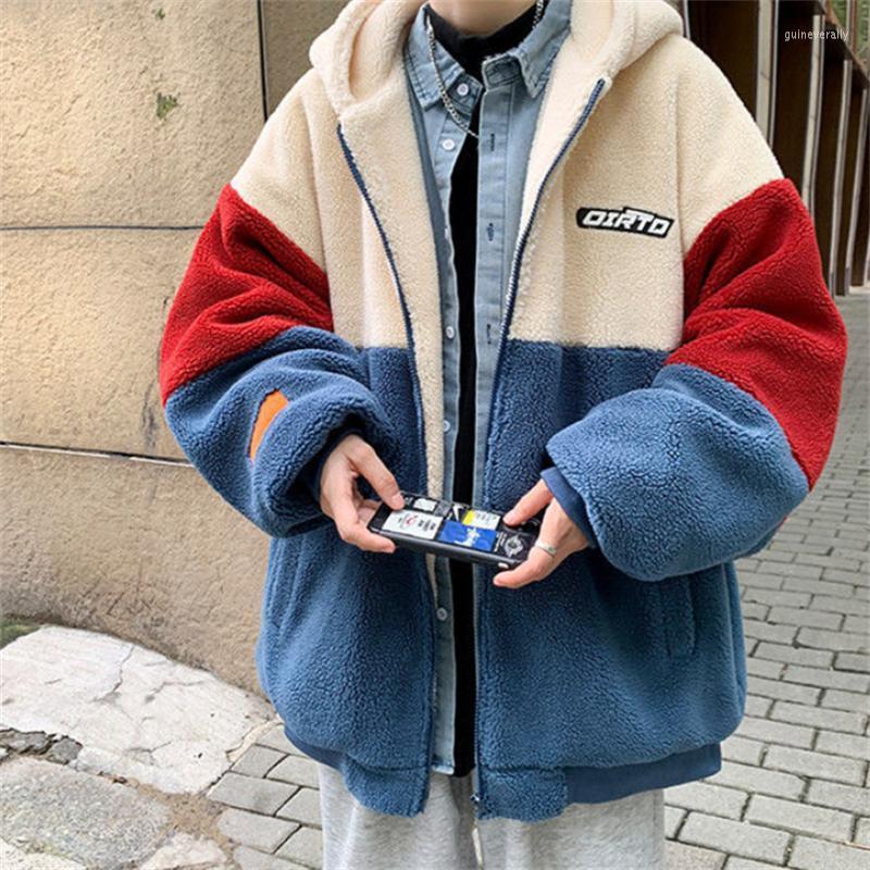 

Men's Down & Parkas Autumn Winter Hooded Coats For Men Fashion Warm Lamb Wool Outerwear Casual Streetwear Patchwork Loose Hoodies Jackets Pl, Red