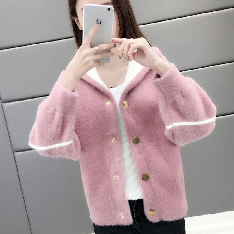 

Women's Knits & Tees Fashion Mink Cashmere Hooded Cardigan Women Korean Single Breasted Plush Jacket Fall Warm Soft Long Sleeve Sweater Oute, White