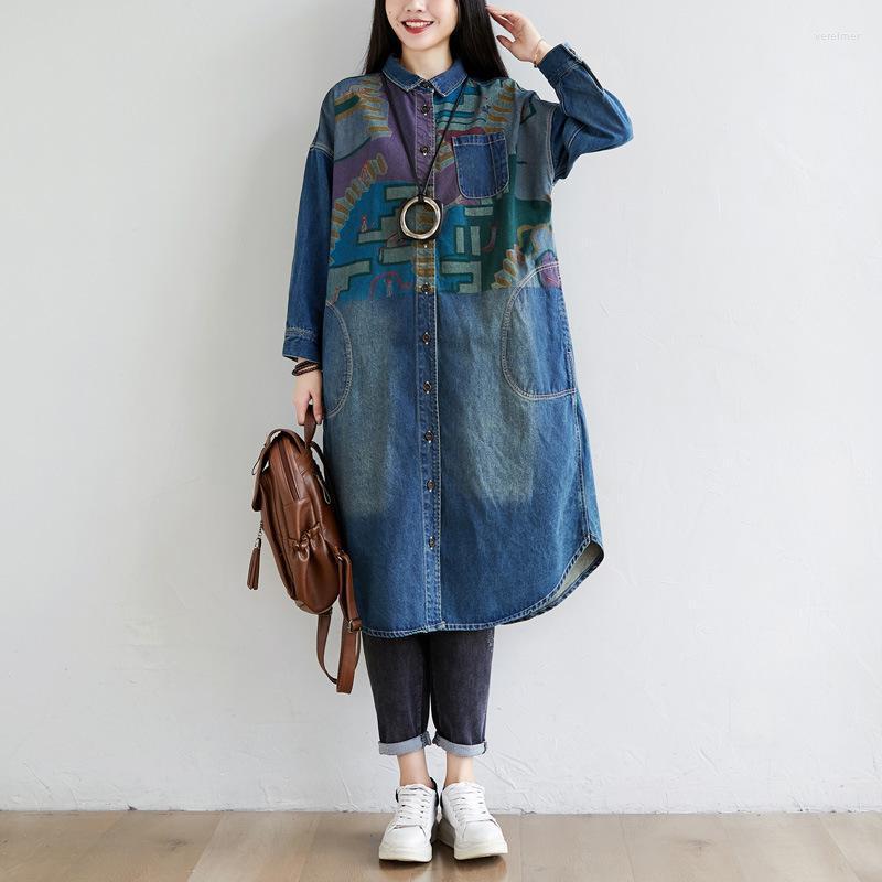 

Women's Blouses & Shirts Women Loose Printed Patchwork Long Blouse Ladies Vintage Denim Shirt Tops Female 2022 Autumn Spring BlousesWomen's, Blue