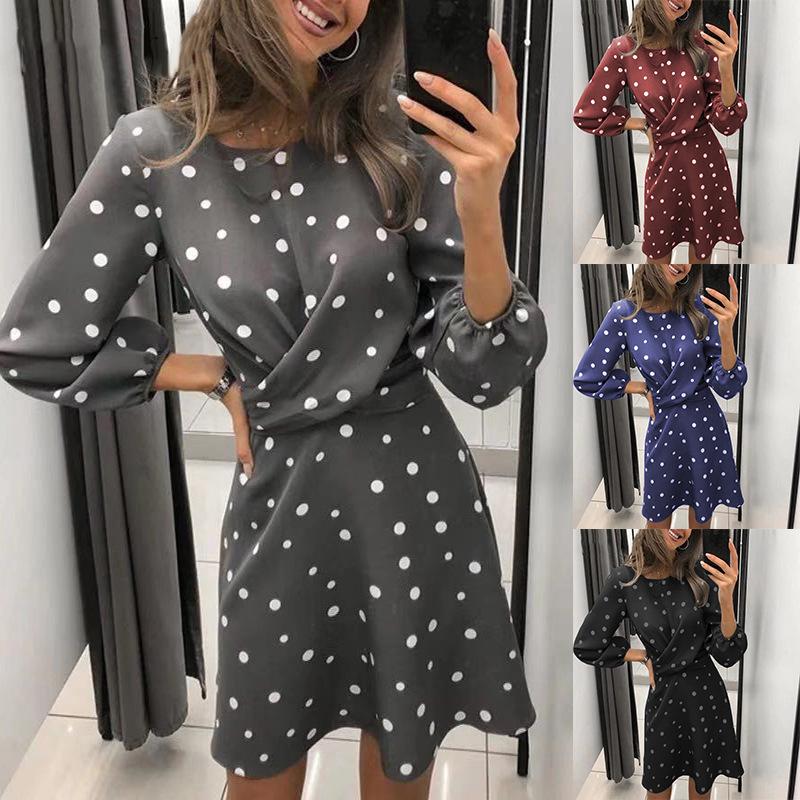 

Casual Dresses FashionWomen Spring And Summer Polka Dot O-Neck PrintLong Sleeve Dress Retro Sexy Slim Mini Dress2022 Female Black Beach, Black;gray