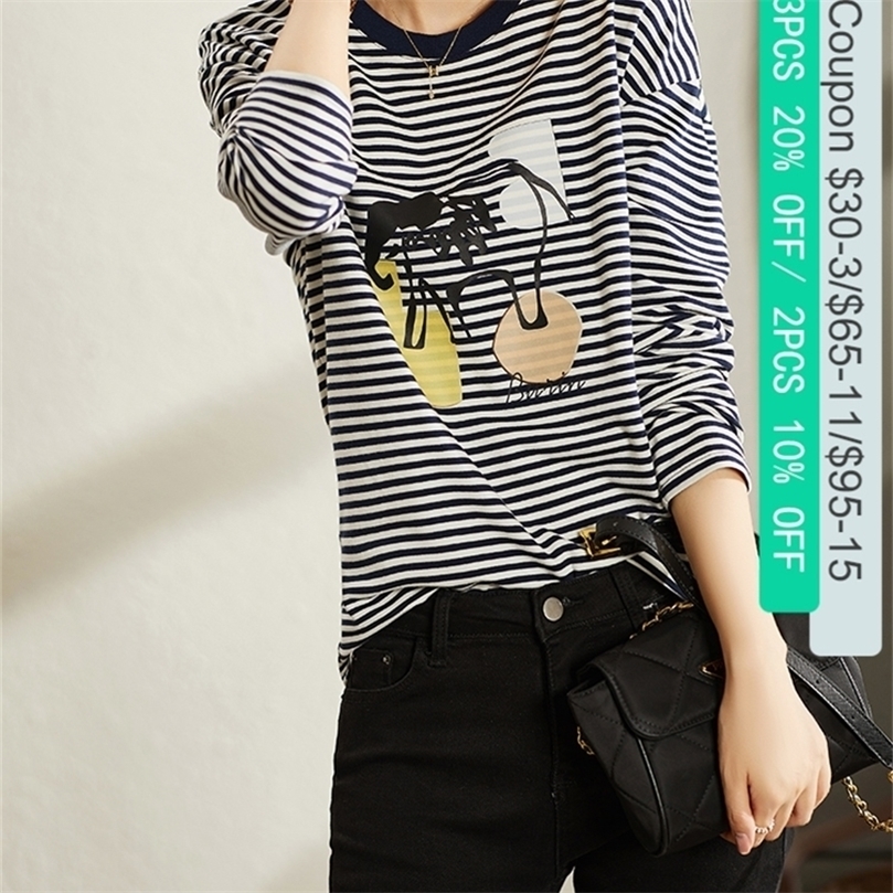 

VIMLY T Shirt for Women Autumn Cotton Comfortable Long Sleeve Printed Loose Tops Casual T-shirts Female Clothing F8753 220401, Black striped
