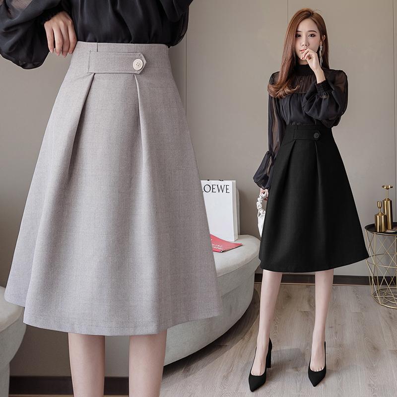 

Skirts Fashion Korean Style Skirt T For Woman Button Autumn Winter Vintage Solid Work Wear Lady Office Business SkirtSkirts, Black