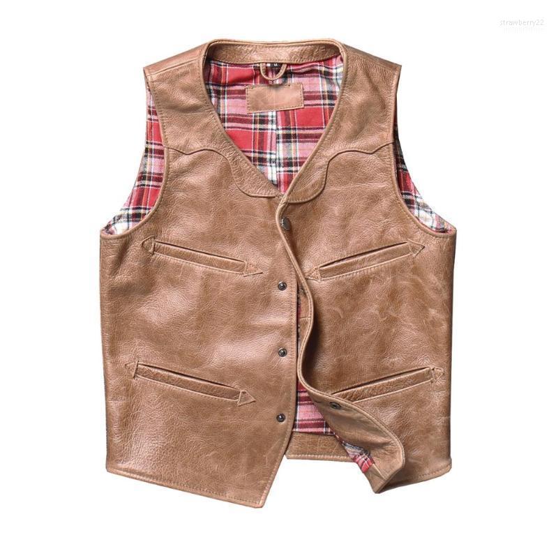 

Men's Vests ZVAQS 2022 Light Brown American Casual Style Leather Vest Men Single Breasted Plus Size 4XL Genuine Cowhide Spring Slim Fit Stra