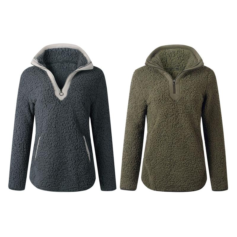 

Women's Sweaters 2Pcsc Sherpa Sweater Teddy Fleece Pullover Half Zipper Tops Female Warm Coat L Green & Dark Gray, Auburn