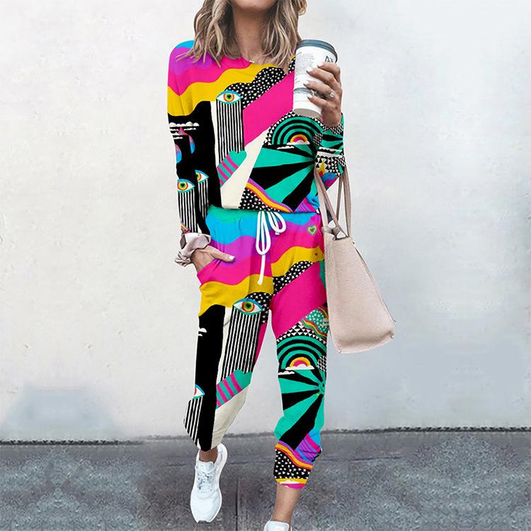 

Women' Two Piece Pants Women Tracksuit 2 Casual Long Sleeve Print Tops & Elastic Waist 2022 Autumn Fashion O Neck Lady Streetwear Sets, 03 print