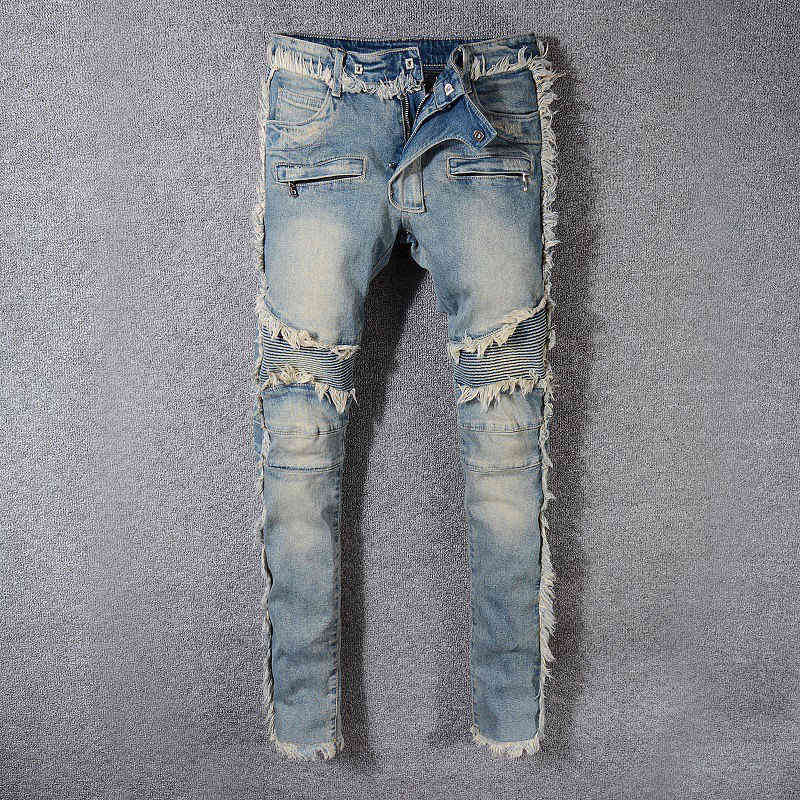 

Fashion Personalized Slim Stitching Jeans Balman Rough Edge Light Color Washed Motorcycle Style High Street Men Designer Jeans, Light blue