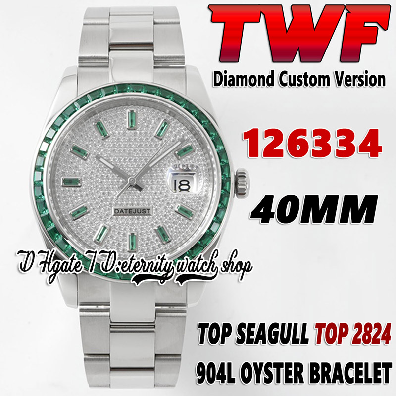 

2022 TWF ew126334 jh126333 A2824 Automatic Mens Watch bf126300 Green gem Baguette Diamonds Bezel Iced Out Diamond Dial 904L Steel Bracelet Eternity Super Watches, Watch waterproof cost
