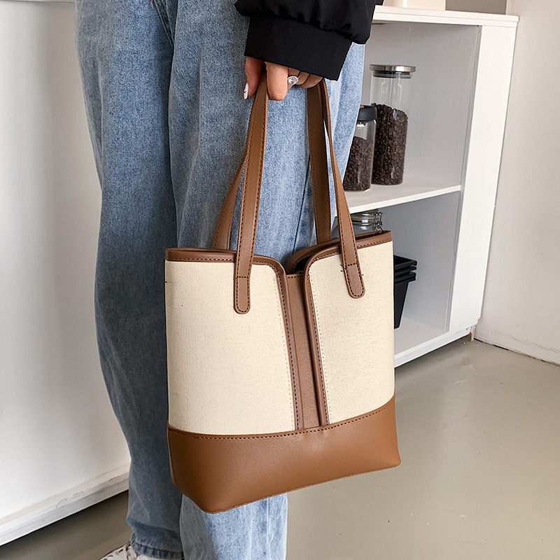 

Totes Bags Luxury Designer Bag Canvas PU Contrast Handbags Fashion Retro Bags Bucket Shoulder Handbag Female Multi Function Mini Wallets, As picture