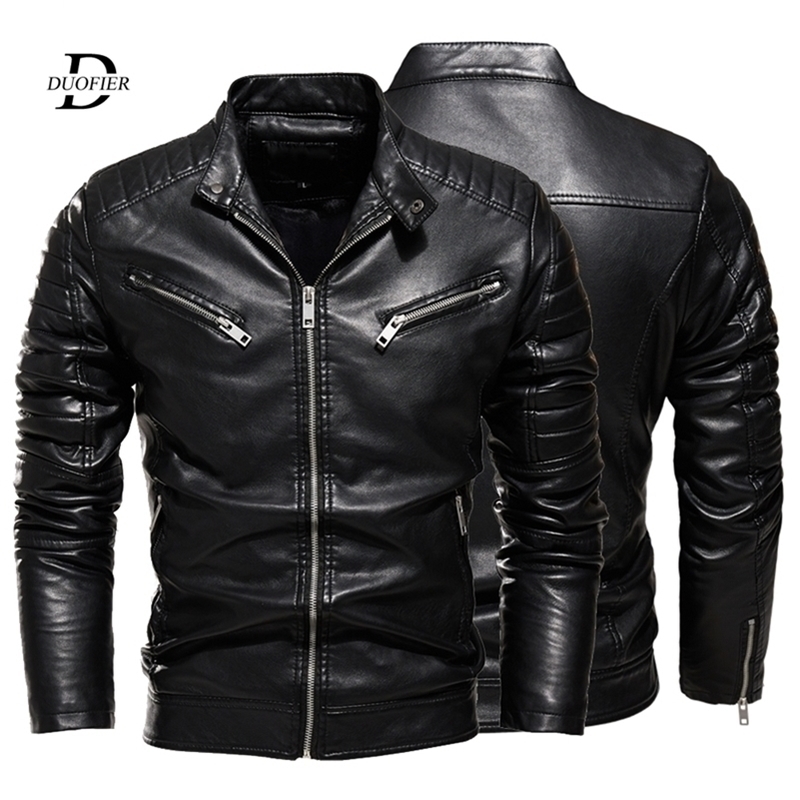 

Winter Black Leather Jacket Men Fur Lined Warm Motorcycle Jacket Slim Street Fashion BLack Biker Coat Pleated Design Zipper 201114, Kcd737 red