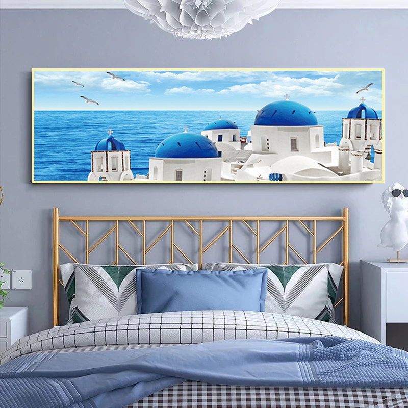

Greece Santorini Aegean Sea Views & Boat on Blue Sea Modern Canvas Painting Posters Print Wall Art Pictures Home Decor Cuadros