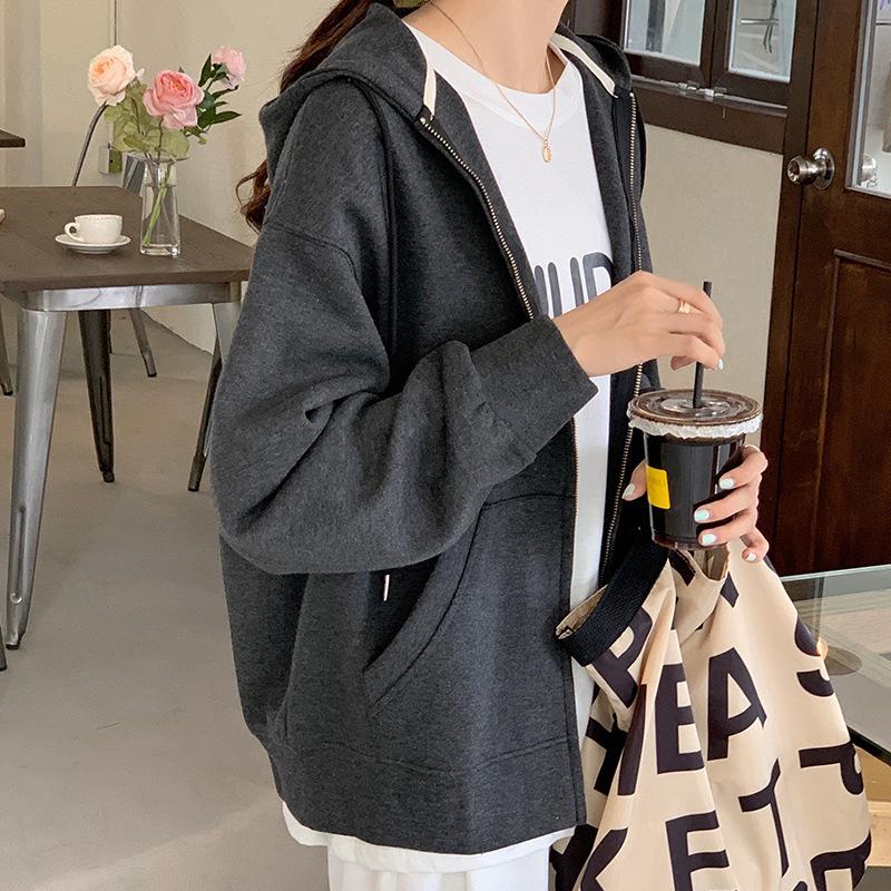

Men's Hoodies & Sweatshirts Women Korean Style Autumn Casual Pocket Long Sleeve Loose Hooded Female Harajuku Solid Zip-up Jacket CoatsMen's, Ea00513-grey