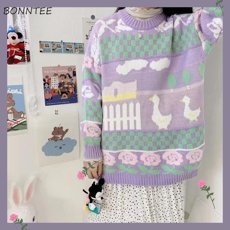 

Women' Sweaters Women Sweet Ins Purple Flowers Design Vintage College Girl Knitwear All-match Fall Spring Korean Femme PulloverWomen