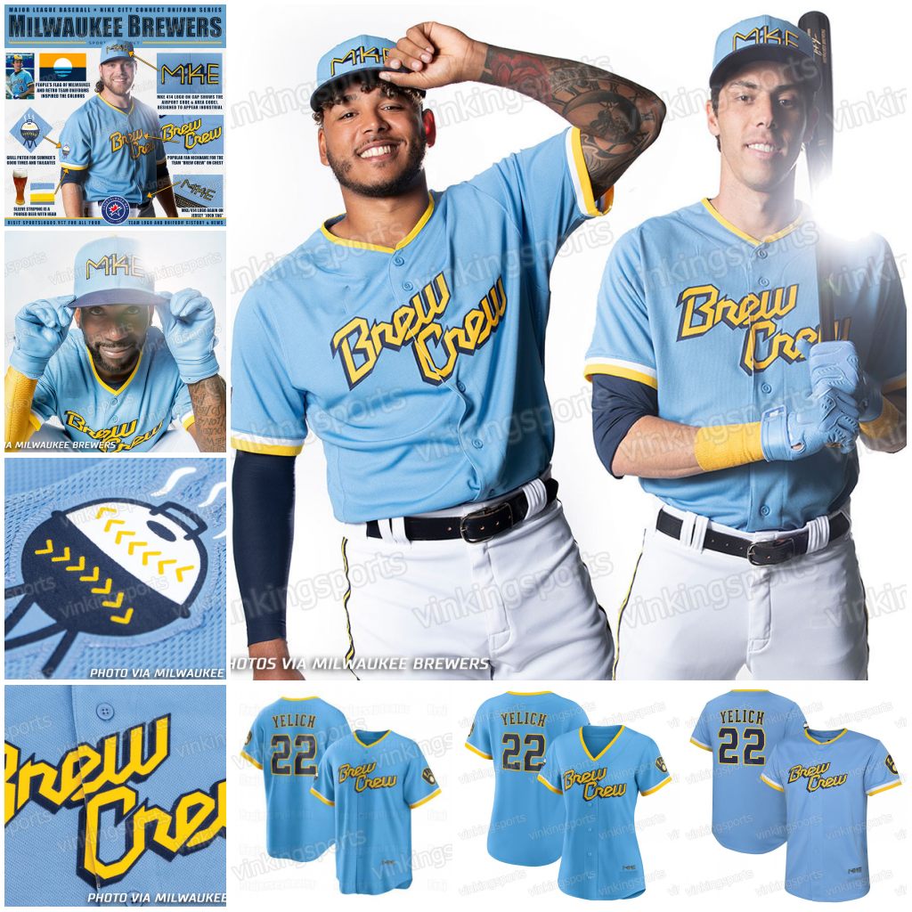 

22 Christian Yelich 2022 City Connect Milwaukee Jersey Brewers 24 McCutchen 15 Tyrone Taylor 53 Brandon Woodruff 6 Lorenzo Cain Hoby Milner Victor Caratini, Youth blue