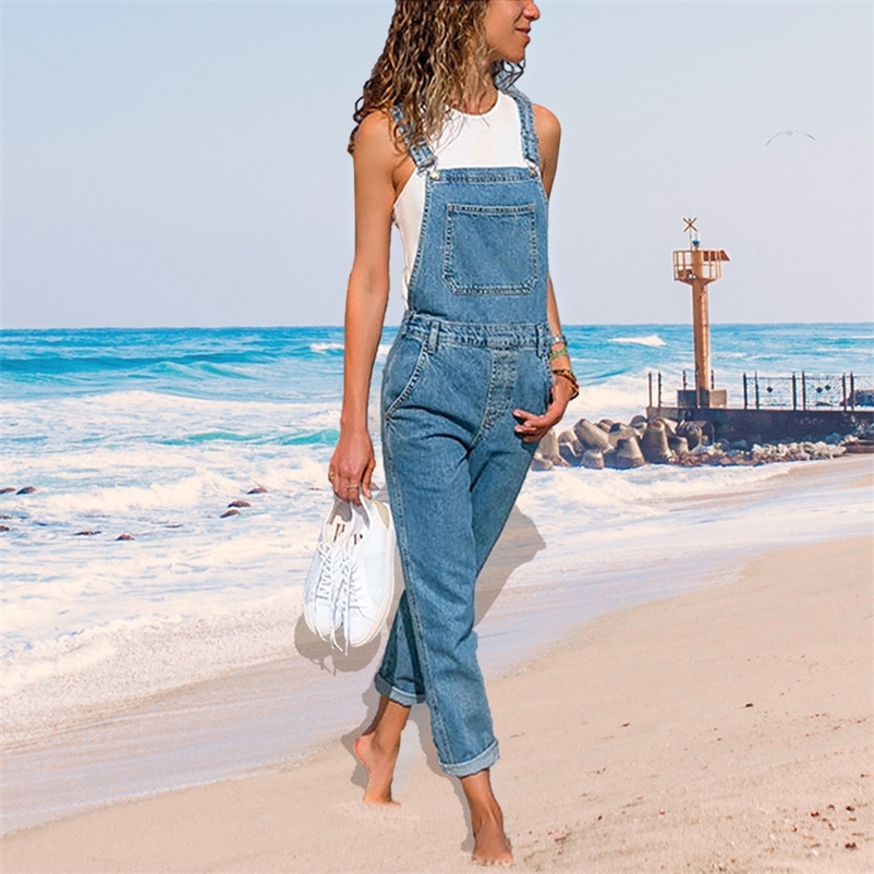 

Stitching Slim Ladies Sling Jumpsuit Pure Color Washed Cropped Pants Spring And Autumn Fashion Workwear Style Bodysuit 903 220322, Light blue