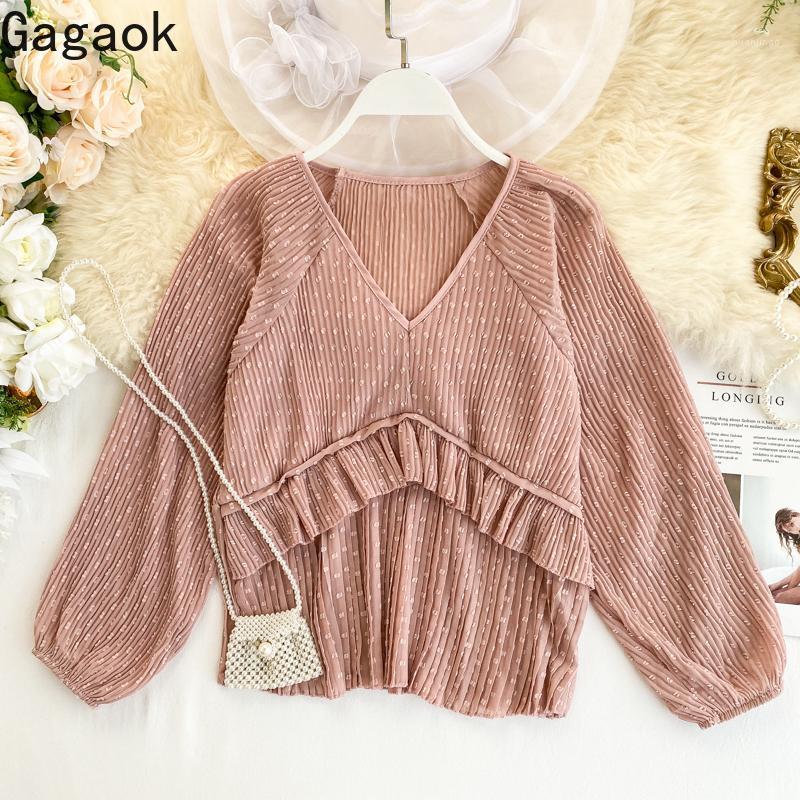 

Gagaok Women Office Lady Blouse Spring Autumn Solid V-Neck Puff Sleeve Ruffles Slim Chic Wild Sweet Female Fashion Shirt Women's Blouses & S, Black