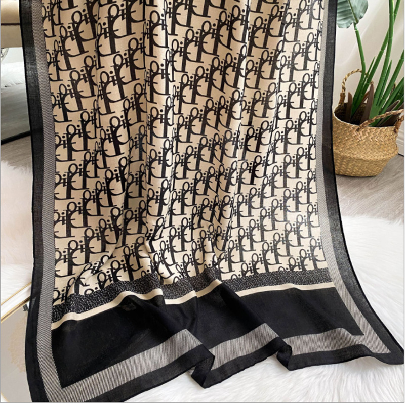 Korean Style New Autumn and Winter Thin Cotton and Linen Feel Printed Scarf Womens All-Match Sunscreen Shawl Travel Beach Towel