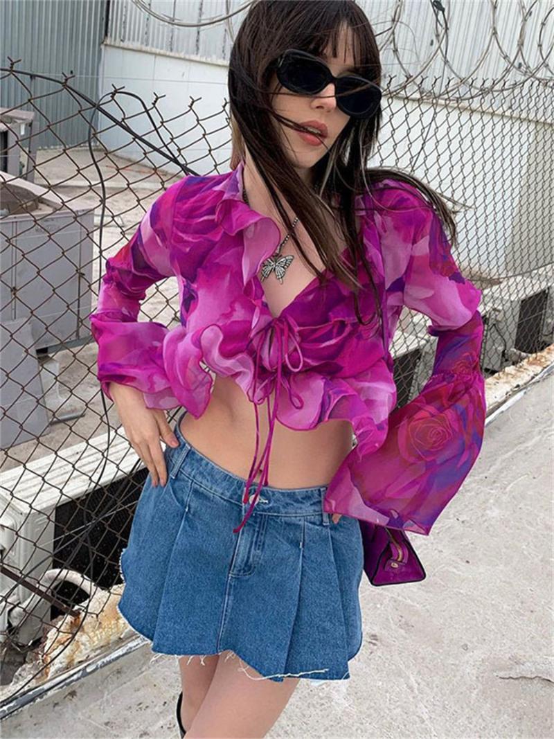 

Women' Blouses & Shirts Wsevypo Purple Floral Print Blouse Spring Summer Women Ruffles Deep V-Neck Long Flare Sleeve Tie-Up Crop Tops Casua