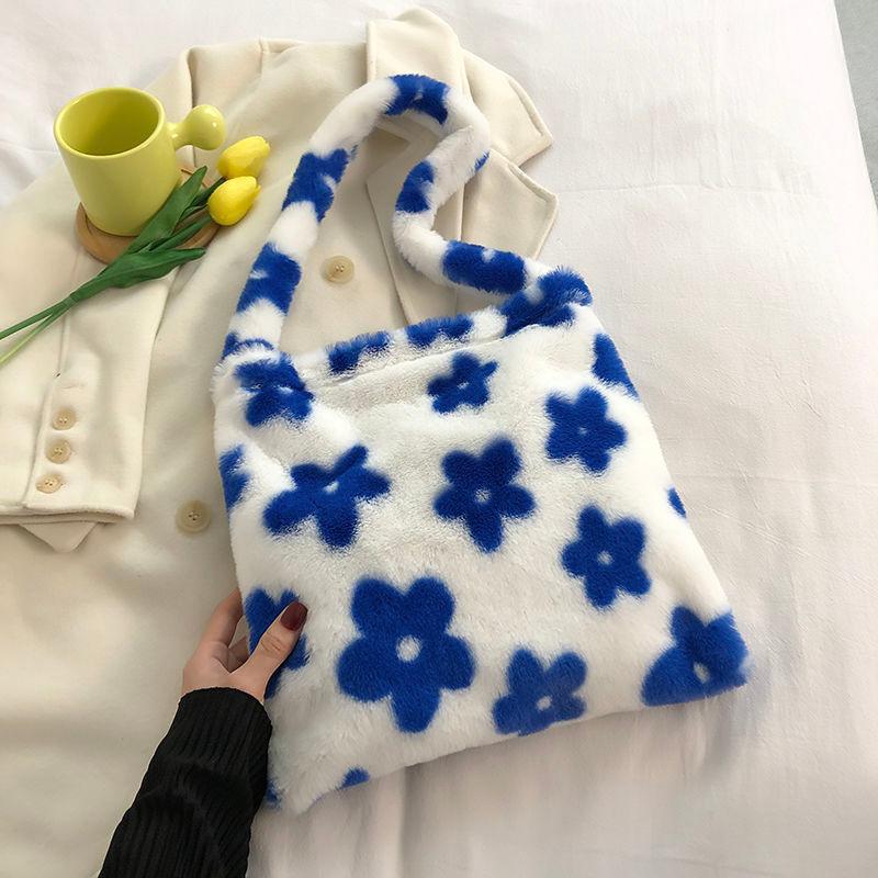 

Evening Bags Simple Floral Pattern Women Shoulder Faux Fur Plush Ladies Large Tote Shopping Protable Casual Female Purse Handbags, Yellow