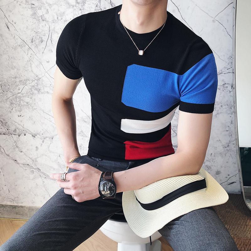 

Men's Sweaters Men's Short Sleeve Ice Silk Sweater T-shirt Korean Slim Knitted Shirt Contrast Jacquard Crewneck Jacket T-shirtMen's, Black
