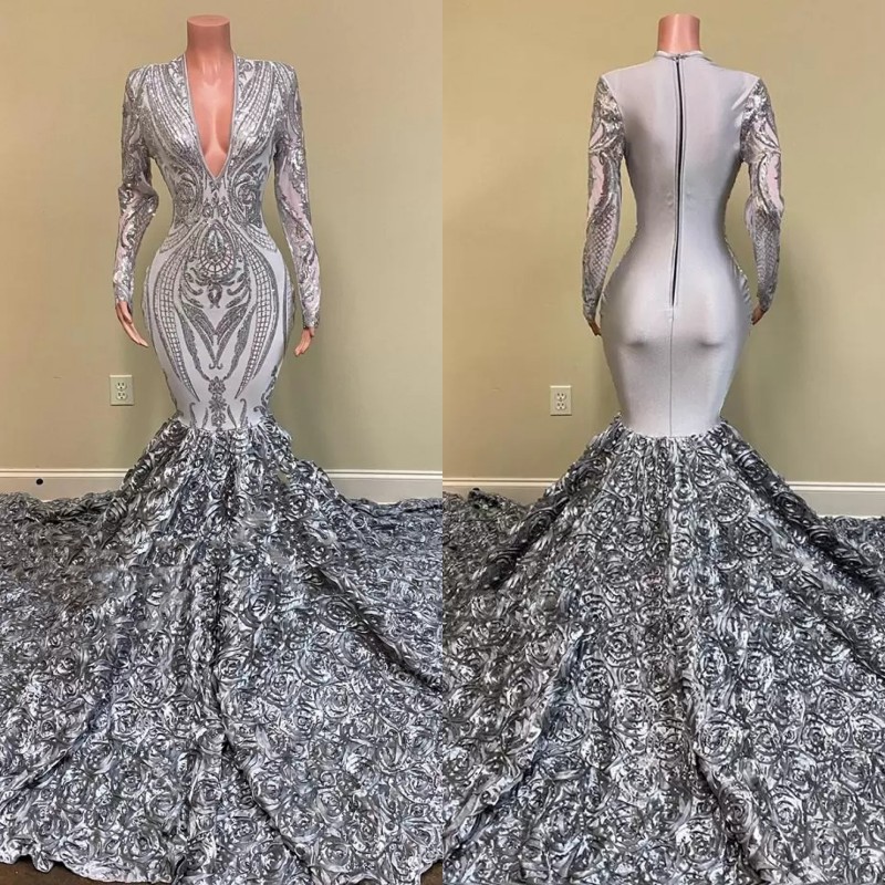 

Silver African Girls Long Prom Dresses 2022 Mermaid V Neck Full Sleeve 3D Flowers Train Women Formal Party Evening Gown C0408, Same as picture