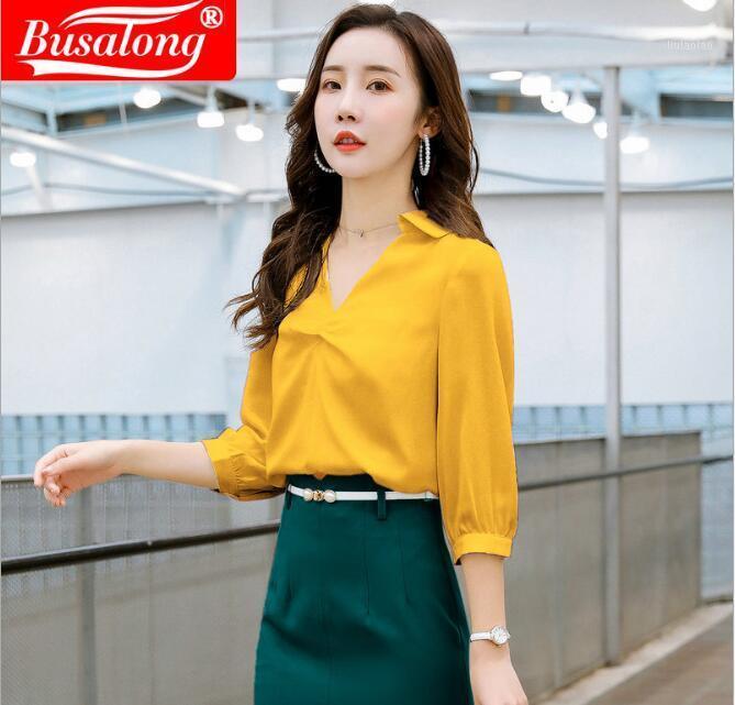 

Spring Summer Half Sleeve Yellow Women Blouse Fashion V Neck Tops For Student Ladies Female BLous Business Workwear Women' Blouses & Shirts, White