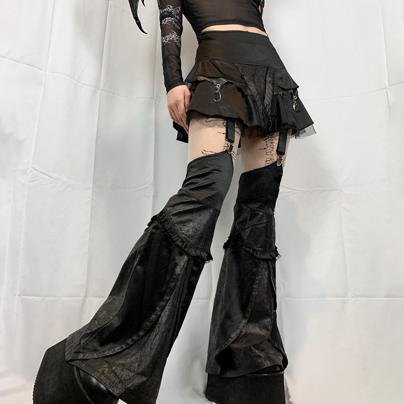 Pantalon f￩minin Capris Spice Girl Le cuir Agaric Edge Mesh Stitching Metal Decorative A-Line Jupe Fared Pantal