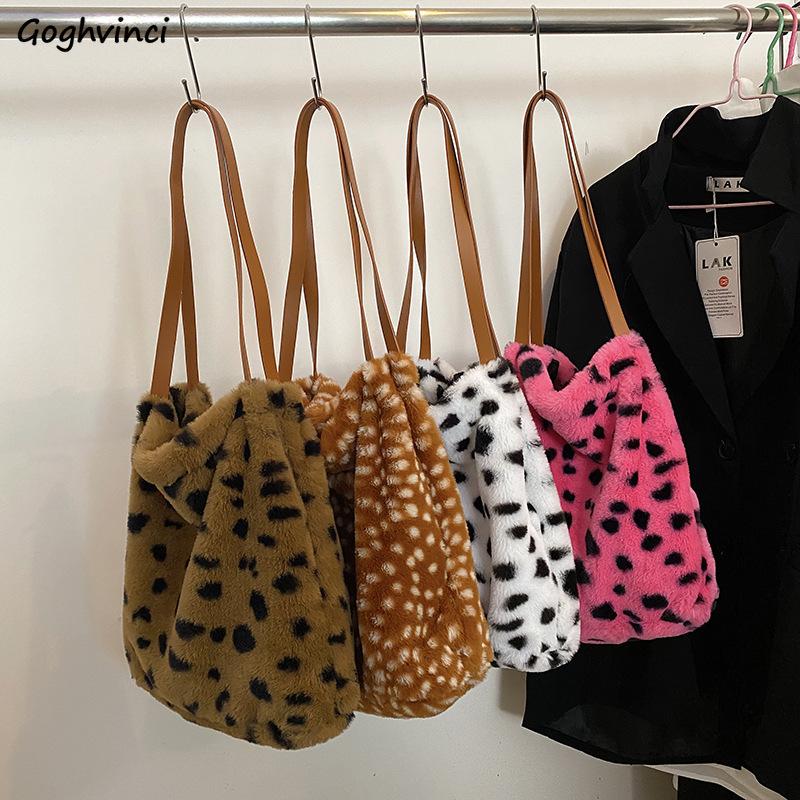 

Evening Bags Leopard Shoulder Women High Street Fashion Students All-match Plush Fluffy Soft Sweet Tote Handbags Korean Designer Vintage, Pink