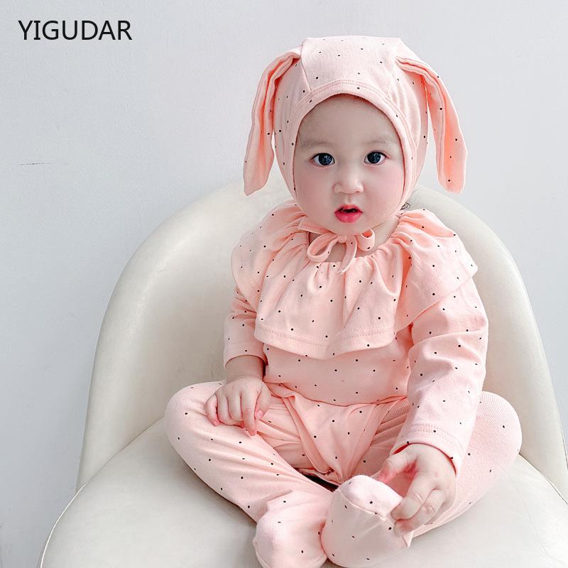

Clothing Sets Baby Girls Clothes Long Sleeve Bodysuits + Pants Hats Polkas Dot Spring Autumn Girl Pajamas Born Outfits, White
