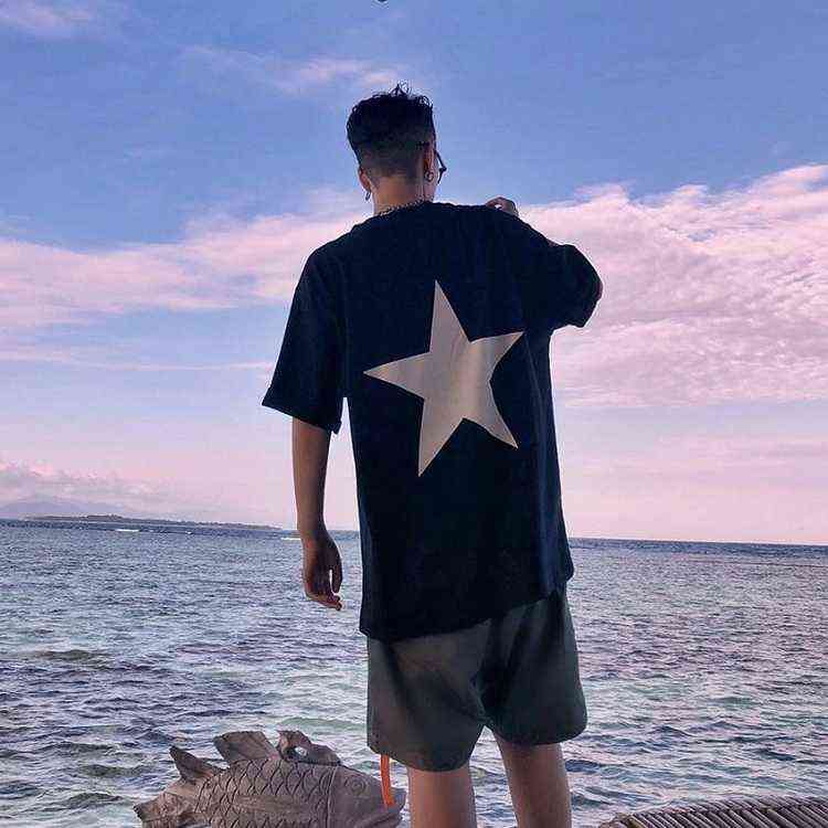 Fashion Essentials Designer Couples t shirts Fog Double Line Pentagram Trend Loose High Street Style Short Sleeved Men's T-shirt