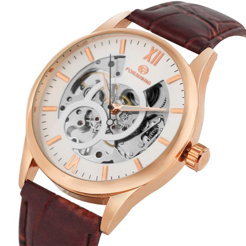 

Wristwatches FORSINING Men Watch Hollow Skeleton Mechanical Hand Winding Wristwatch Genuine Leather Strap Business Casual Male Watches, Gold black