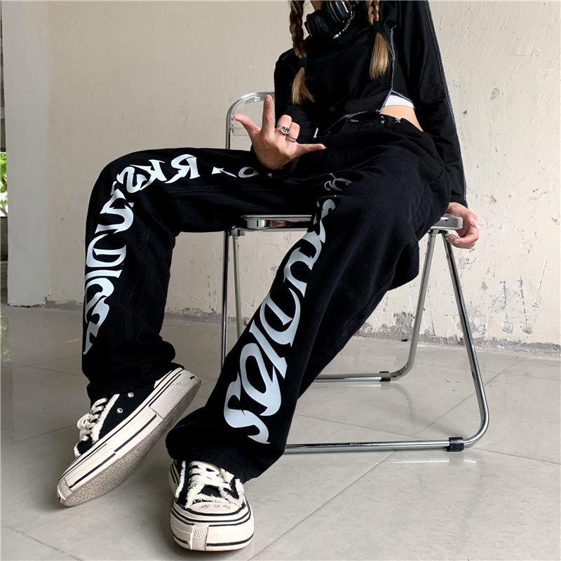 

Women' Pants & Capris High Street Hip Hop Harajuku Letter Printing Loose Wide Leg Casual Clothing Y2k Button Zipper Waist Black Vintage Par