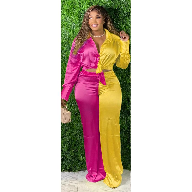 

Women's Plus Size Tracksuits Perl -4xl Patchwork Two Piece Women Set Fashion Satin Family Matching Outfit Shirt Top Pants Suit Ladies Clot, Yellow
