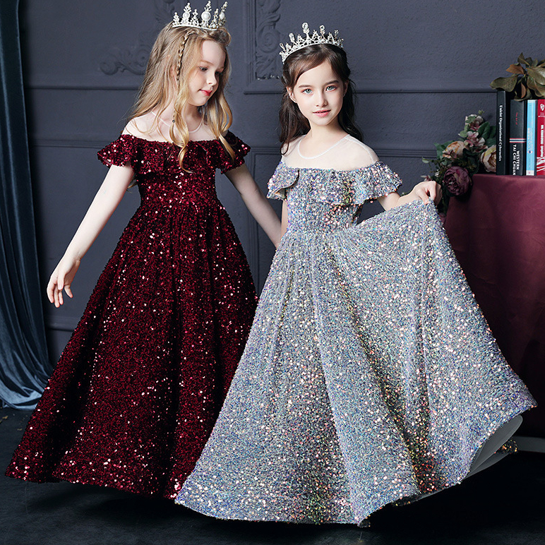 Luxury Silver Bling Sequin Girls Pageant Dresses Fluffy Off the Shoulder Ruched Flower Girl Dresses Ball Gowns Party Dresses for Girls 2022-image-758286698